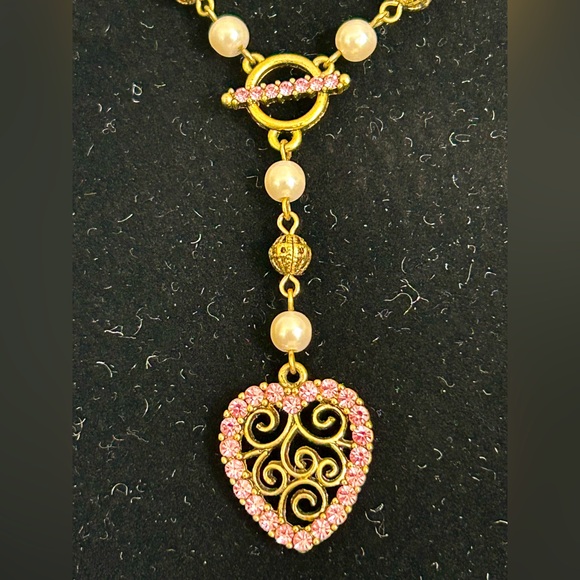 1928 drop statement necklace with simulated pearls and pink rhinestones - Picture 5 of 8